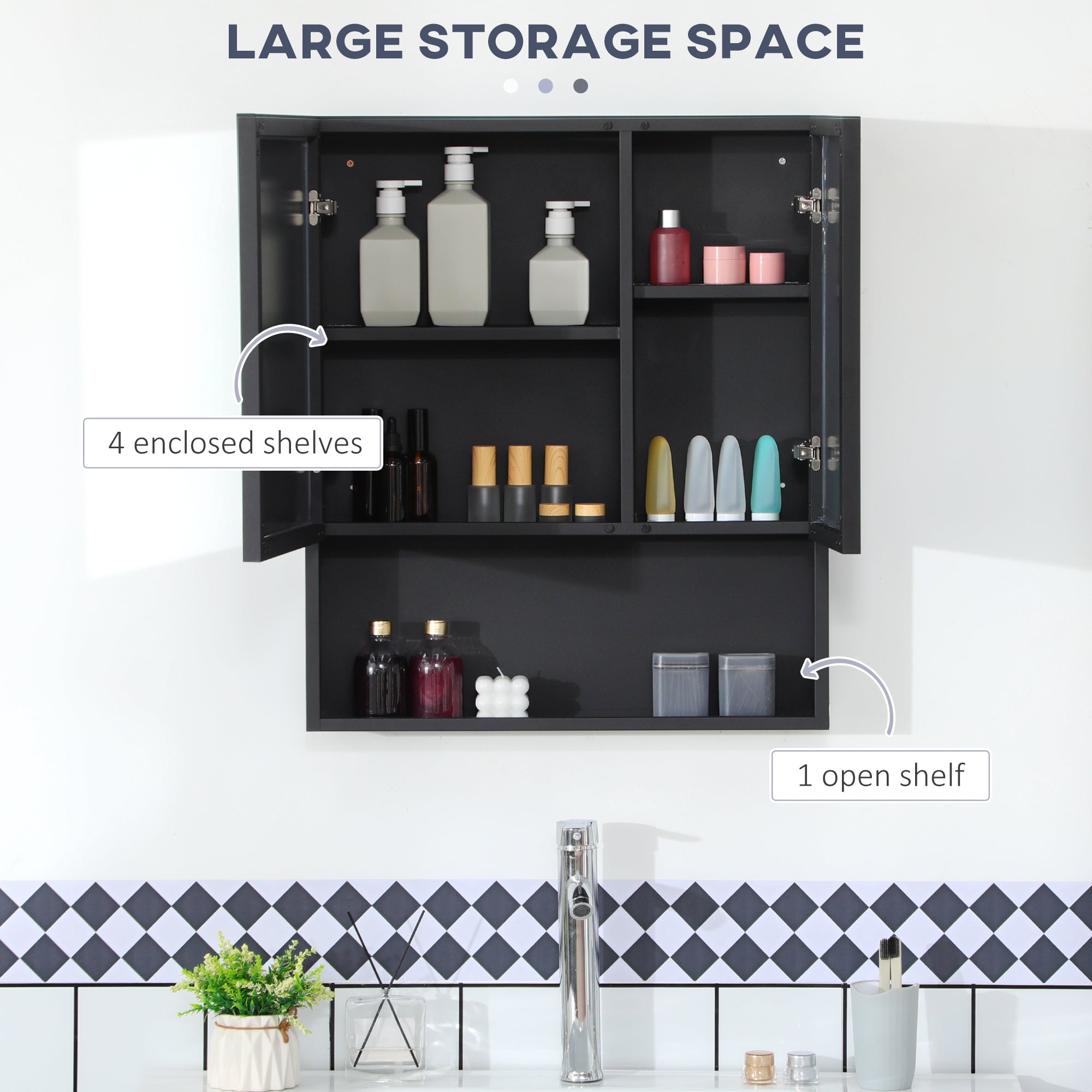 Wall-Mounted Medicine Cabinet, Bathroom Mirror Cabinet with Double Doors and Storage Shelves, Black