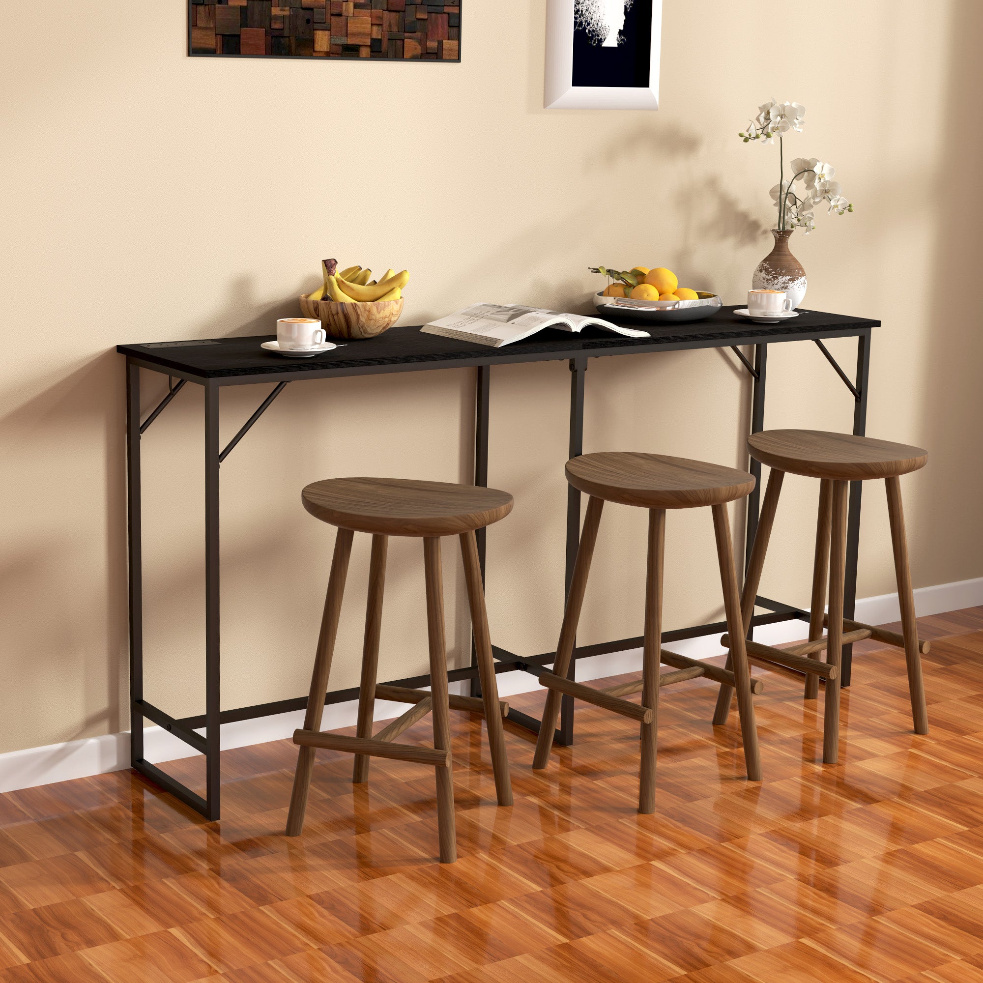 70" Bar Table with Charging Station, Industrial Rectangular Bar Height Pub Table with Steel Frame, Black Wood Grain