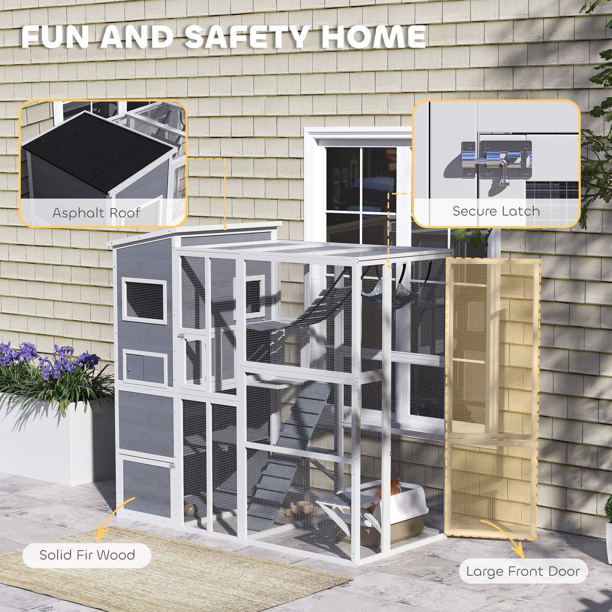 Large Wooden Outdoor, Cat Enclosure W 4 Tier Resting Rooms, 3 Platforms, 1 Soft Ladder, 2 Ramps, 1 Hammock, Gray