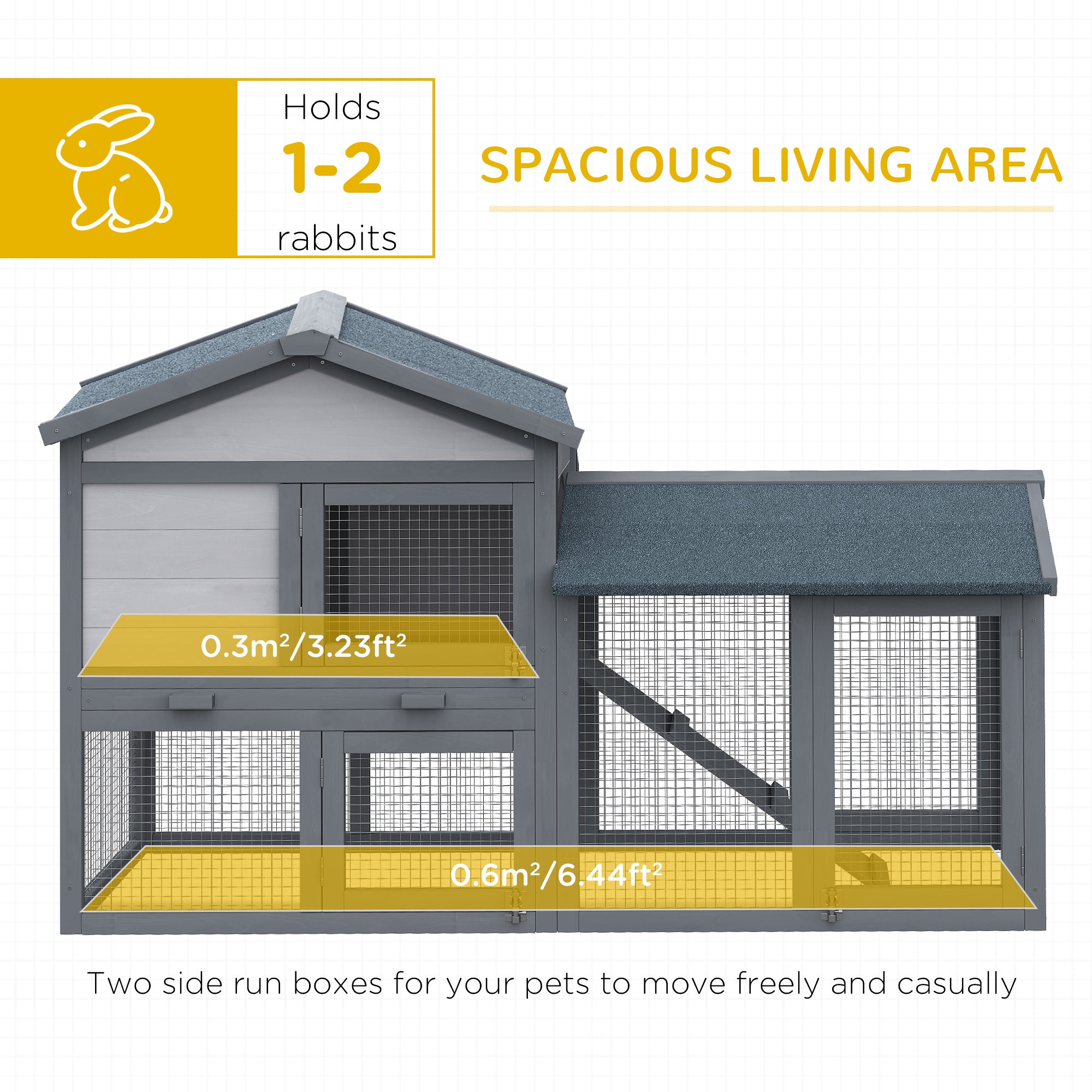 Outdoor Rabbit Hutch Wooden Bunny Cage Guinea Pig House With Run Area Removable Tray Asphalt Roof Lockable Doors Ramp Gray