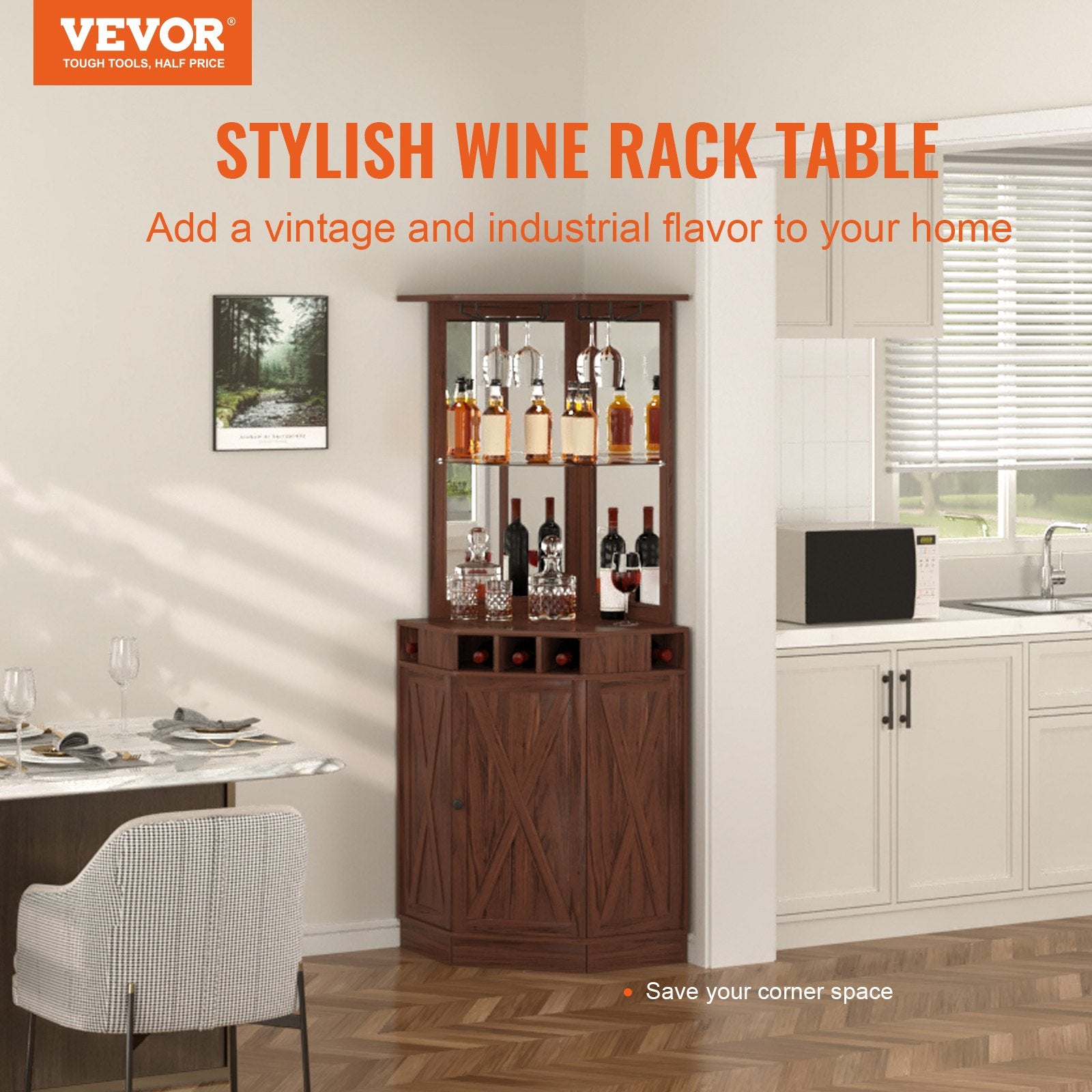 Corner Industrial Bar Cabinet, Wine Table For Liquor & Glasses, Sideboard Buffet Cabinet With Glass Holder, Freestanding Farmhouse Wood Coffee Bar Cabinet For Living Room, Home Bar, Black Walnut