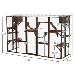 Large Outdoor Cat Enclosure for Multiple Cats with Shelves & Bridges, Coffee Brown
