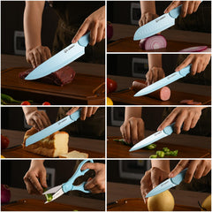 Kitchen Knife Set With Guards, 13 Piece Blue Non-Stick Stainless Steel Boxed Knives Set, Anti-Rust And Dishwasher Safe, 6 Knives With 6 Blade Covers And Kitchen Shears