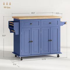Kitchen Island on Wheels, Rolling Cart with Rubberwood Top, Spice Rack, Towel Rack and Drawers, Navy Blue