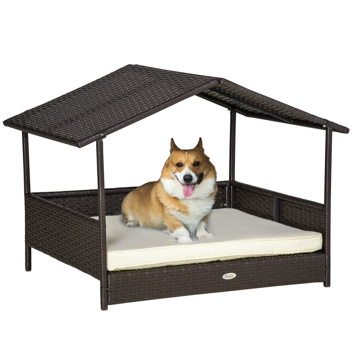 Wicker Dog House Outdoor with Canopy, Rattan Dog Bed with Water-resistant Cushion, Raised Dog Bed for Small, Medium Dogs up to 66 lbs, 19.75" in Length, Brown Wicker, White Cushion