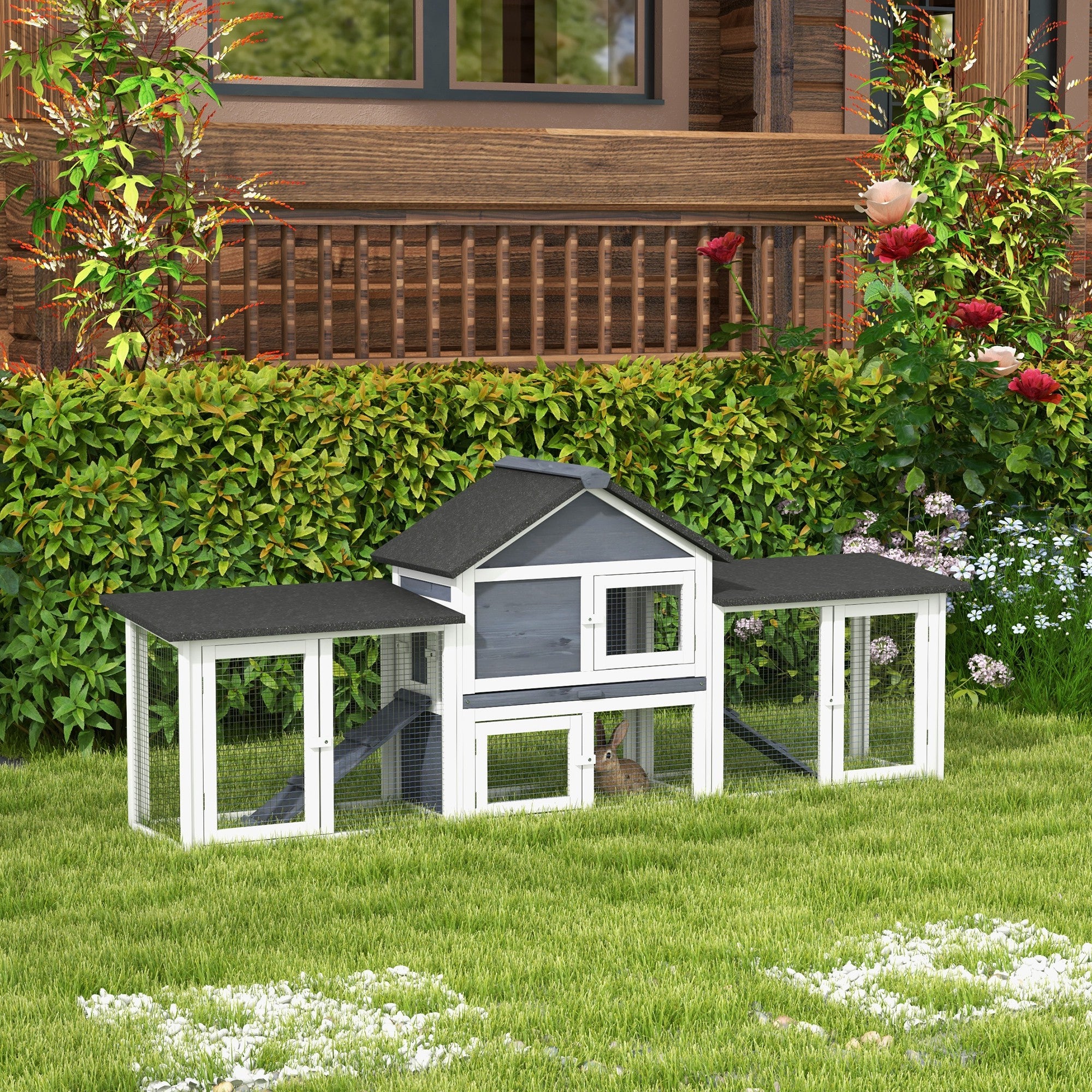 Outdoor Rabbit House 83" 2 Story Deluxe XL Wooden Rabbit Hutch, Big Bunny Cage w/ Ladder and Run, Dark Gray
