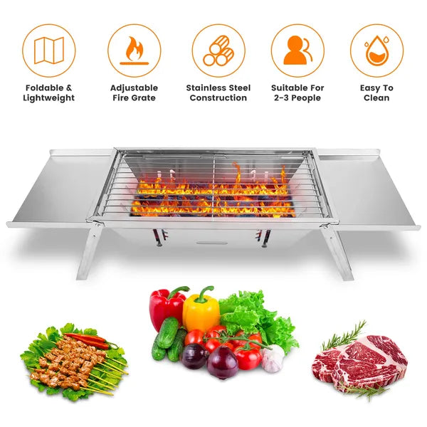 3 In 1 Foldable Charcoal Grill Fire Pit Slow Cooker 2-3 People Portable Camping Grill Stainless Steel BBQ Grill For Camping Tailgating Yard GPCT5452
