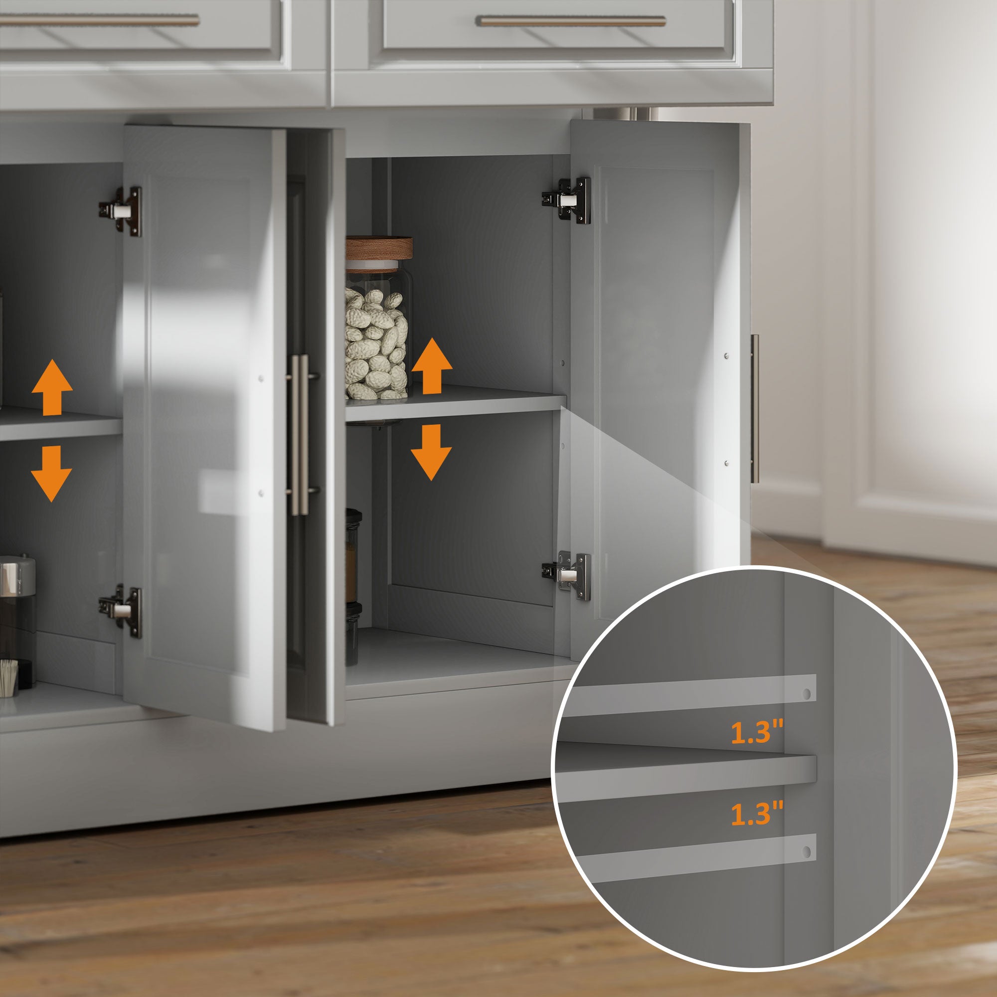 Rolling Kitchen Island Cart with Wheels, Portable Island Table for Kitchen with Stainless Steel Top, Adjustable Shelves, 2 Drawers, Spice, Knife and Towel Rack, Gray