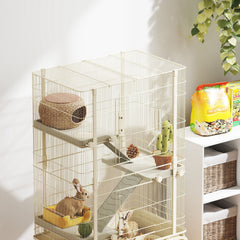 47" Small Animal Cage, 4 Levels Large Rolling Metal Ferret Cage w/ 5.9" Deep Tray, Ramps, Water Bottle, Food Dish, Beige