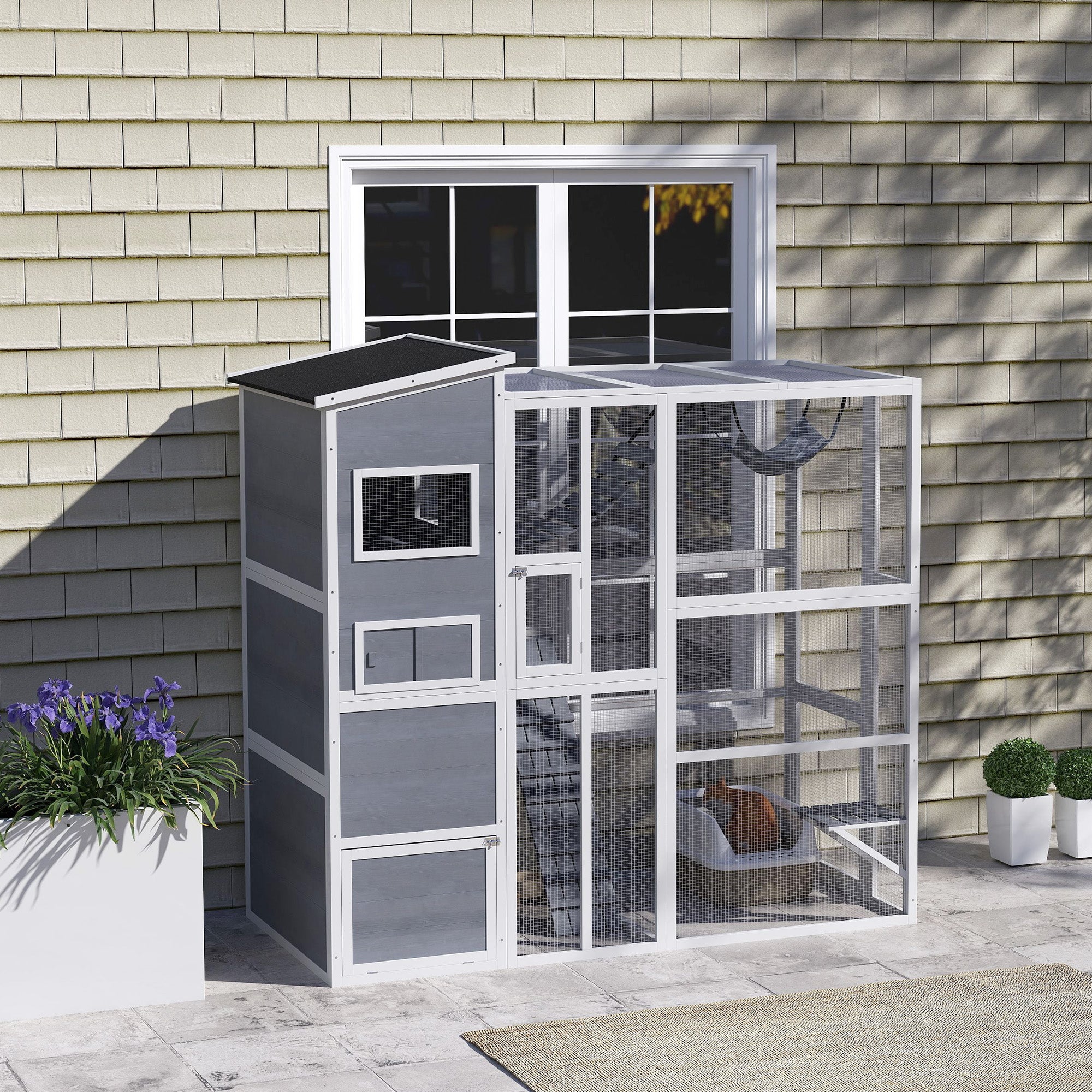 Large Wooden Outdoor, Cat Enclosure W 4 Tier Resting Rooms, 3 Platforms, 1 Soft Ladder, 2 Ramps, 1 Hammock, Gray