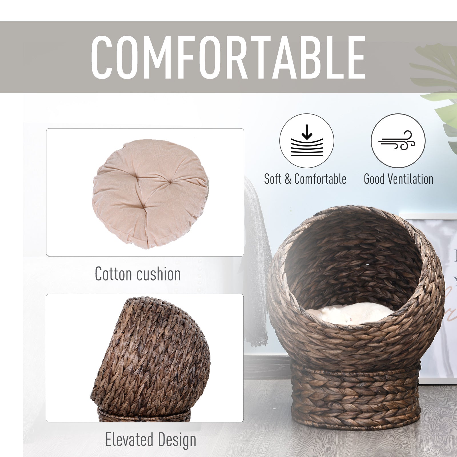 Handmade Wicker Elevated Cat Bed With Cushion Dark Brown For Kittens