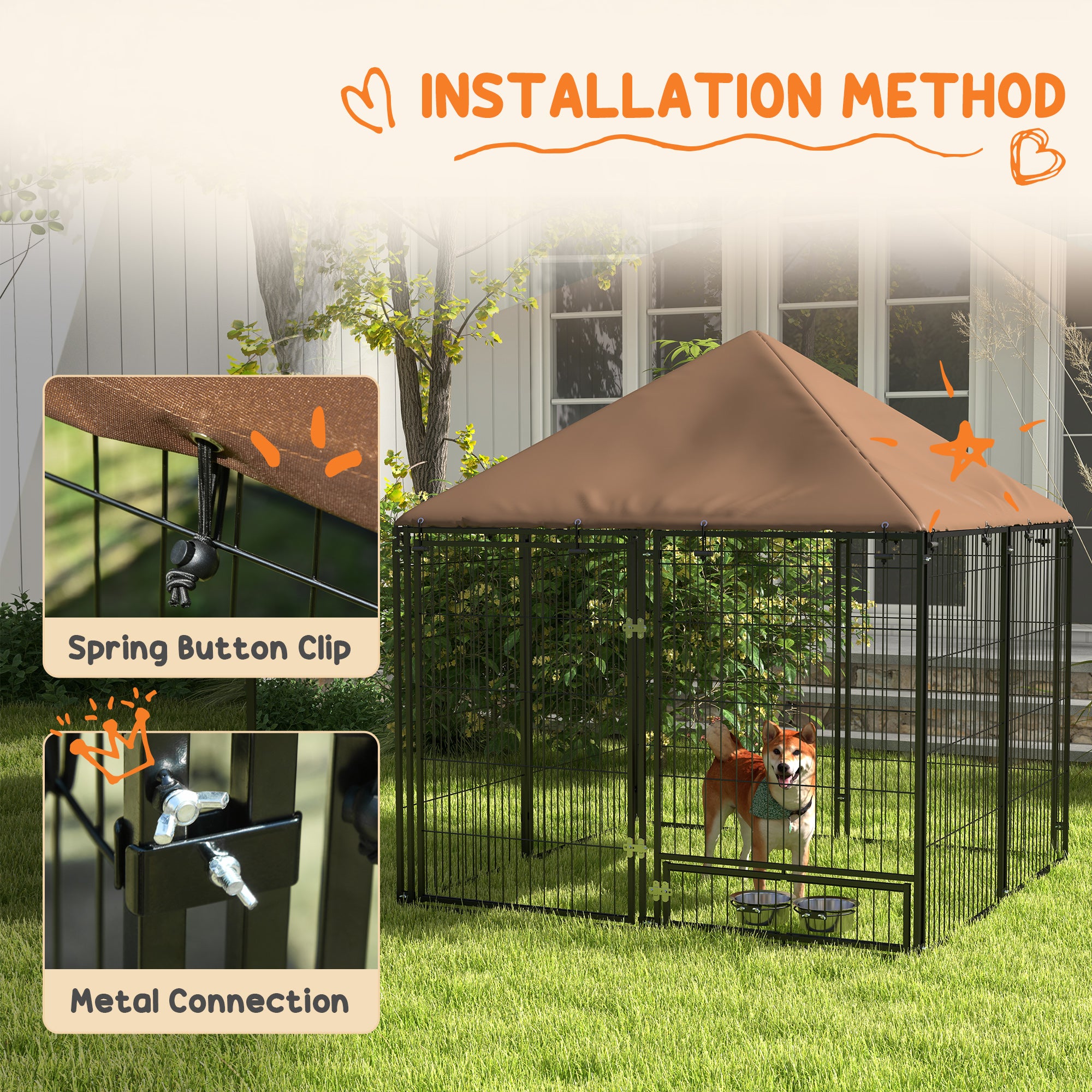 Outside Dog Kennel, 4.6' x 4.6' x 5' Puppy Play Pen with Canopy, Garden Playpen Fence Crate Enclosure Cage Rotating Bowl, for Dogs, Chickens, Ducks, Black
