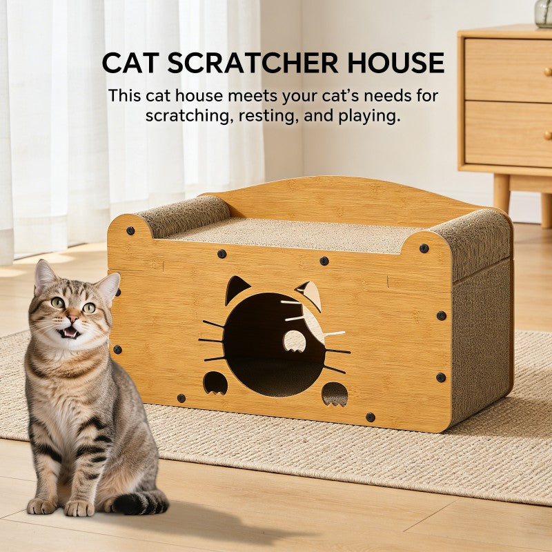 56cm Whisker Cat Shape Cat Scratcher Sofa, Wooden Cat Bed With Upper Scratcher & Lower Private Space, Cat Claw Care & Resting Toy