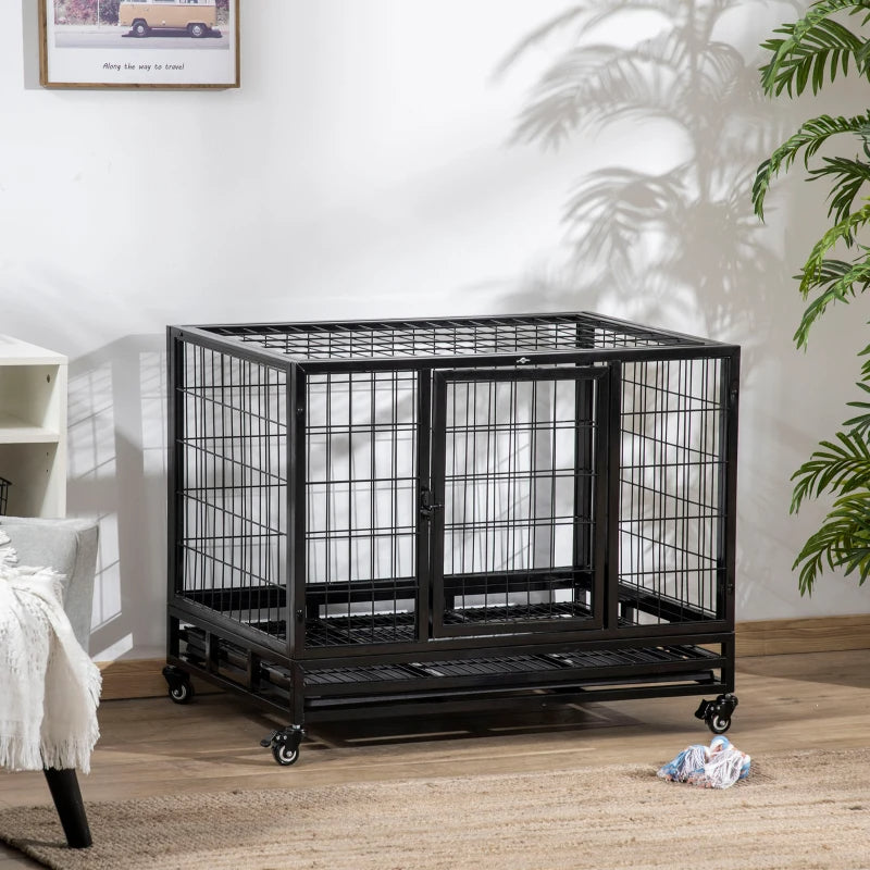 PawHut Heavy Duty Dog Crate With Removable Tray, Lockable Wheels And Double Door, For Medium And Large Dogs, Black