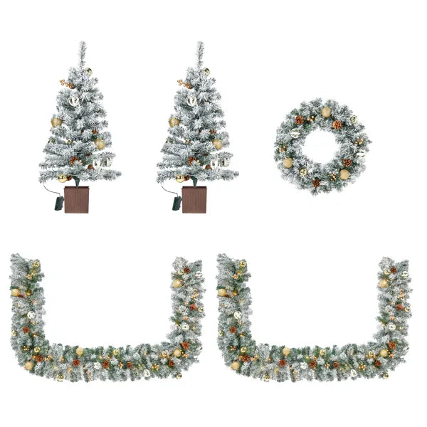 Pre-lit Holiday Christmas 4-Piece Set, Christmas Garland, Wreath And Set Of 2 Entrance Trees With Warm White LED Lights And Remote Control, Artificial Christmas Tree Celebrating Set, Snowy Green