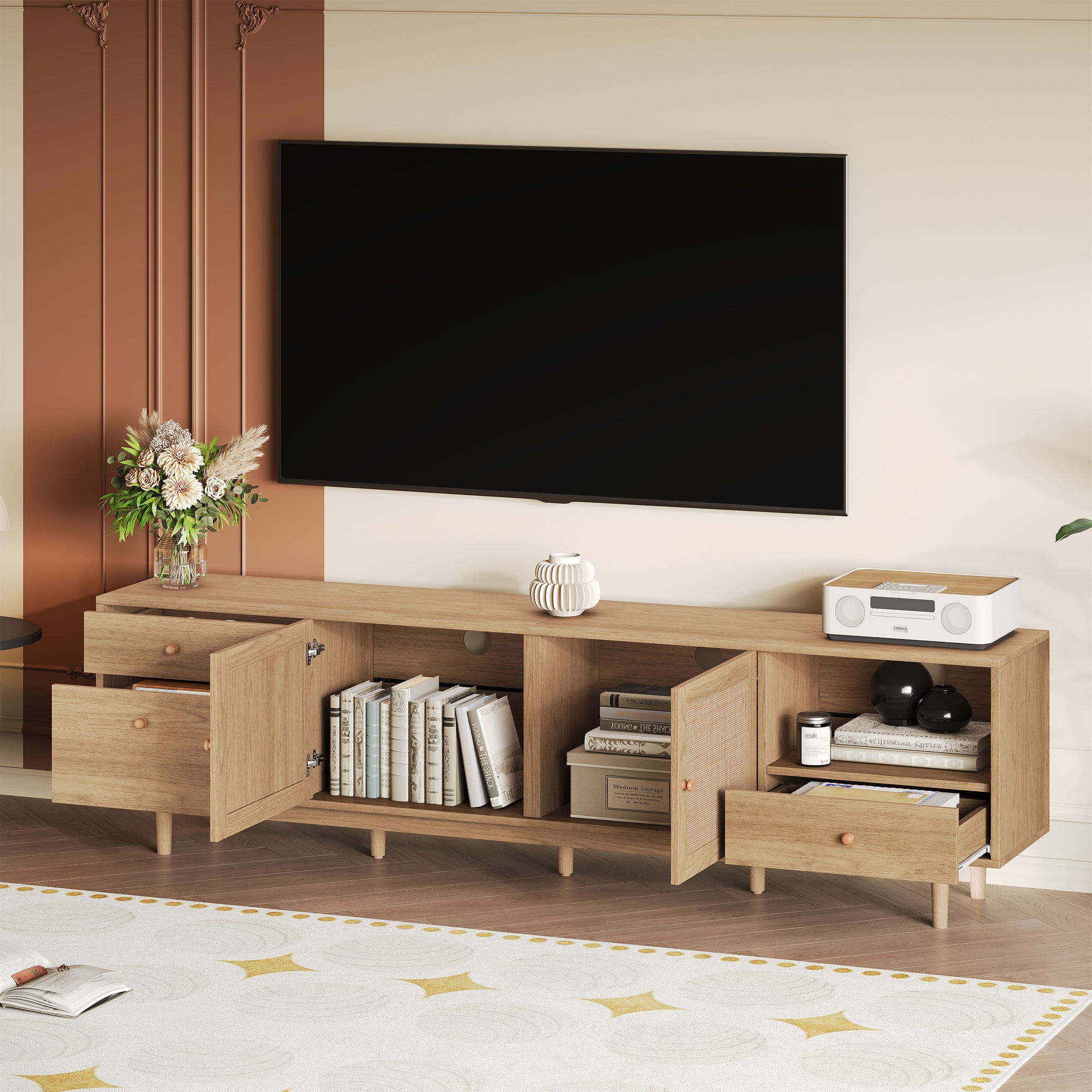 Boho TV Stand For 65, 75, 85 Inch TV, Entertainment Center With Open Storage And Drawers, Modern Wood Media TV Console With Real Rattan