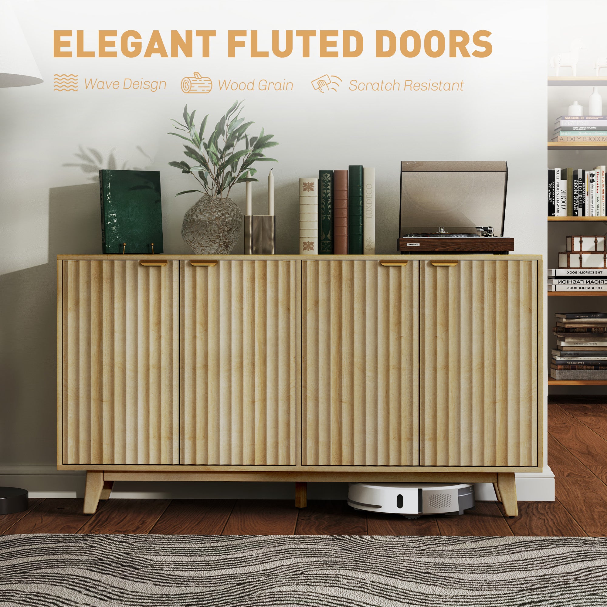 Fluted Sideboard Buffet Cabinet, 55" Coffee Bar Cabinet with 4 Doors, 2 Adjustable Shelves, 5 Wood Legs, Oak