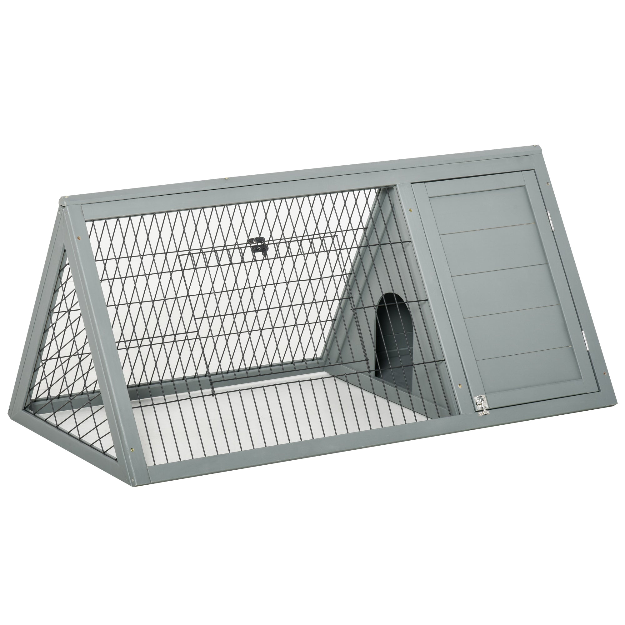 46" x 24" Wooden A-Frame Outdoor Rabbit Hutch, Small Animal Cage, Bunny Hutch with Outside Run & Ventilating Wire, for Rabbits, Chickens, Ducks, Gray