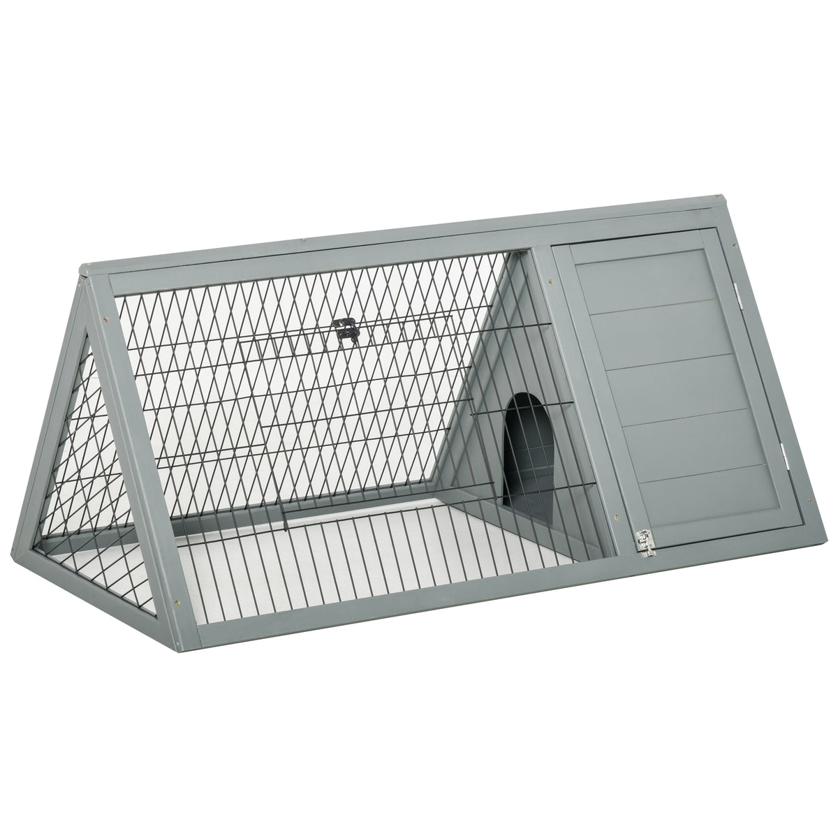 46" x 24" Wooden A-Frame Outdoor Rabbit Hutch, Small Animal Cage, Bunny Hutch with Outside Run & Ventilating Wire, for Rabbits, Chickens, Ducks, Gray