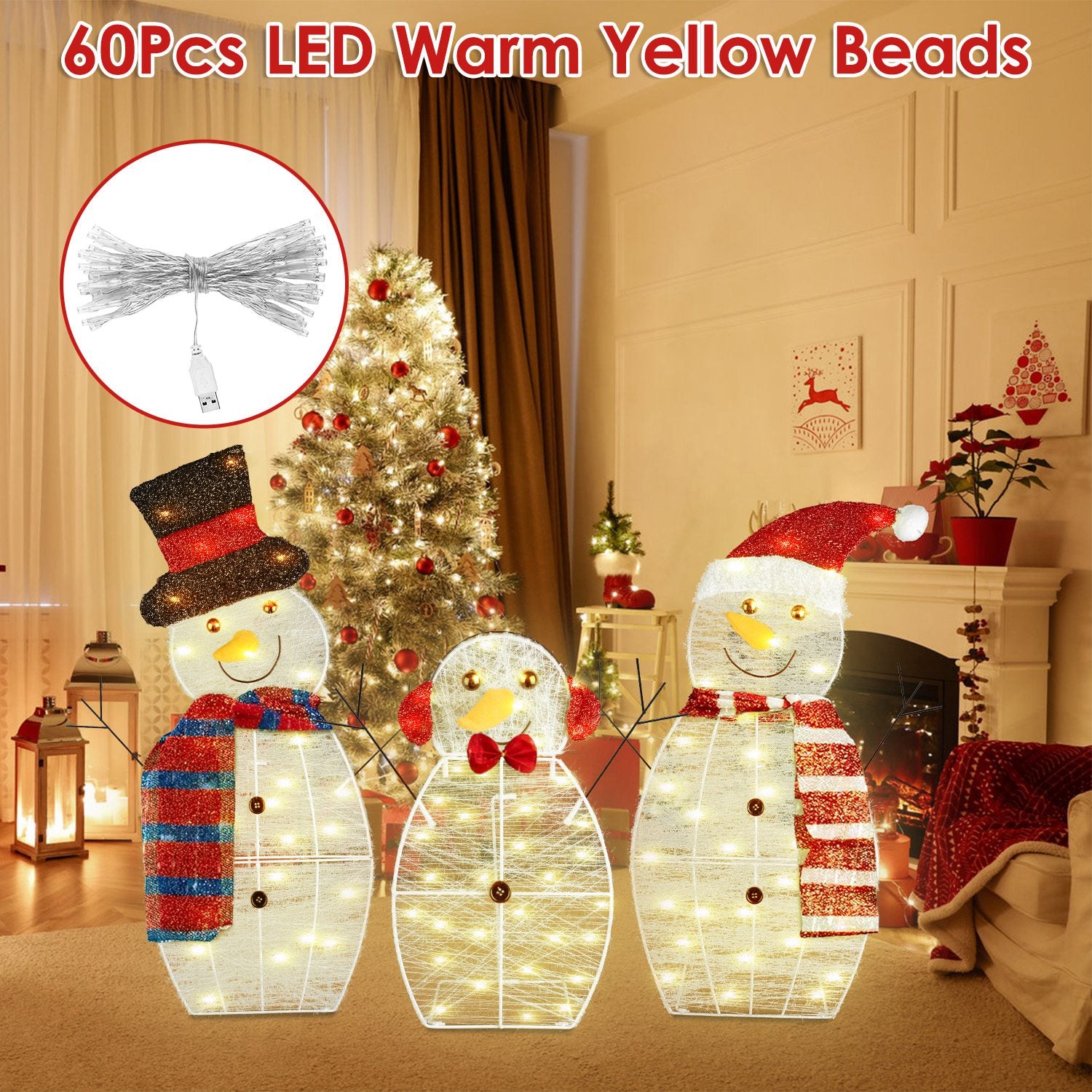 3Pcs 2D Christmas Snowman Yard Decoration Snowman Family Outdoor Decoration With 60Pcs LED Warm Yellow Lights IP44 Waterproof For Christmas Indoor Outdoor Holiday Display