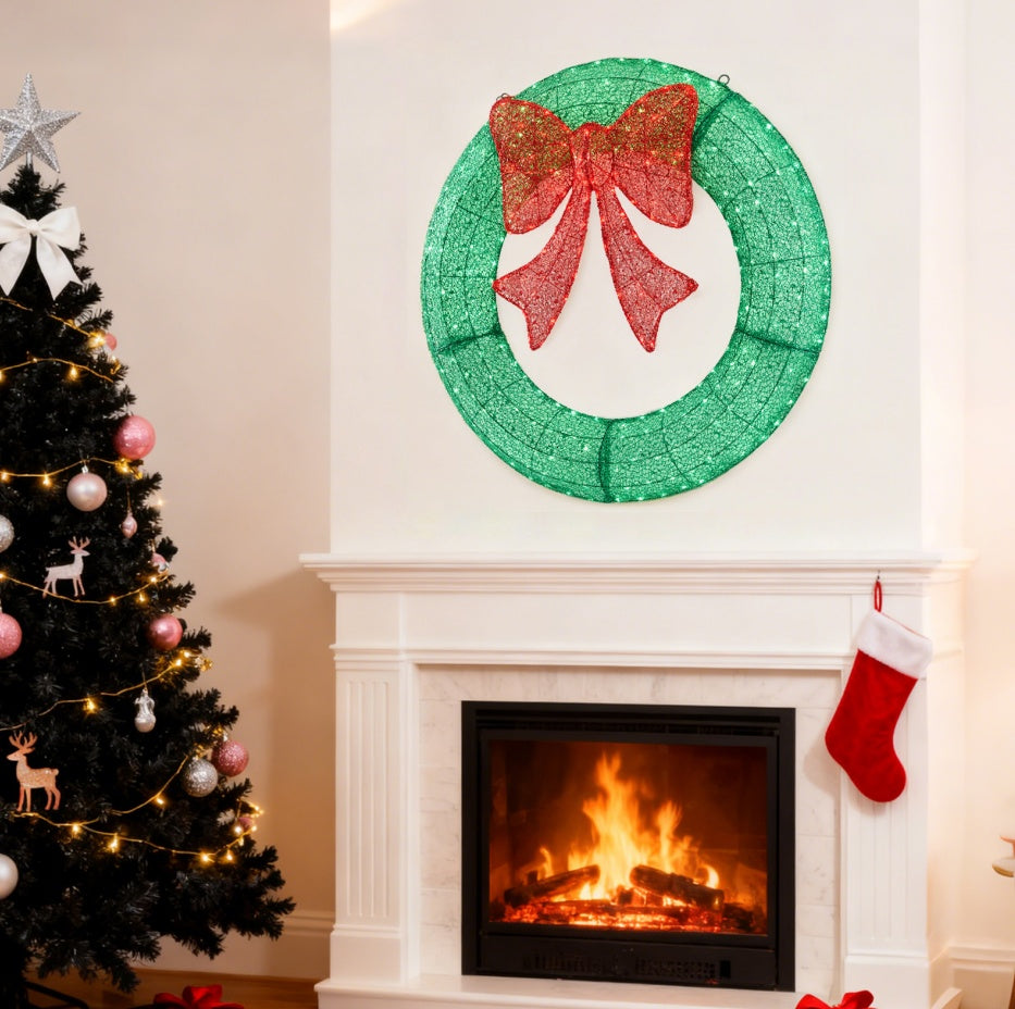 Christmas Wreath Decoration, LED Metal Holiday Decoration In Green Yellow