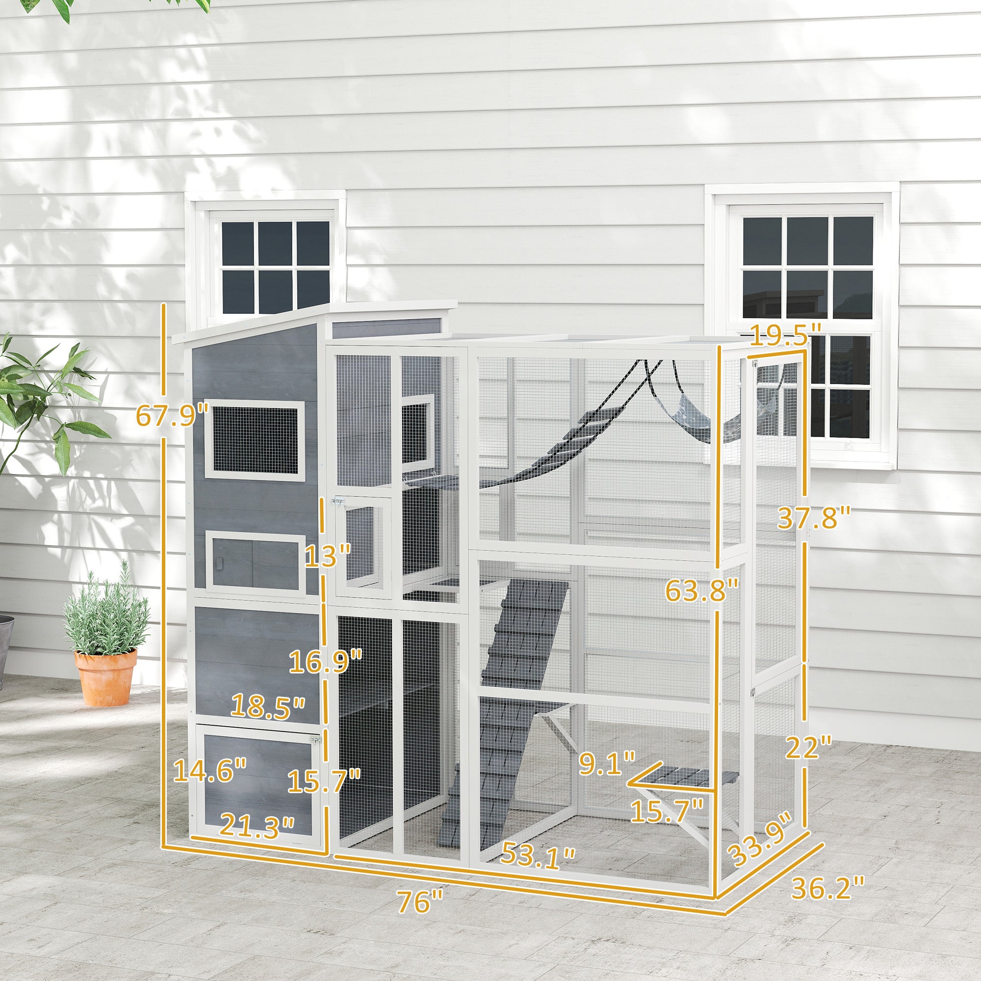 Large Wooden Catio Outdoor, Cat Enclosure w/ 4 Tier Resting Rooms, 3 Platforms, 1 Soft Ladder, 2 Ramps, 1 Hammock, Gray