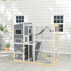 Large Wooden Catio Outdoor, Cat Enclosure w/ 4 Tier Resting Rooms, 3 Platforms, 1 Soft Ladder, 2 Ramps, 1 Hammock, Gray
