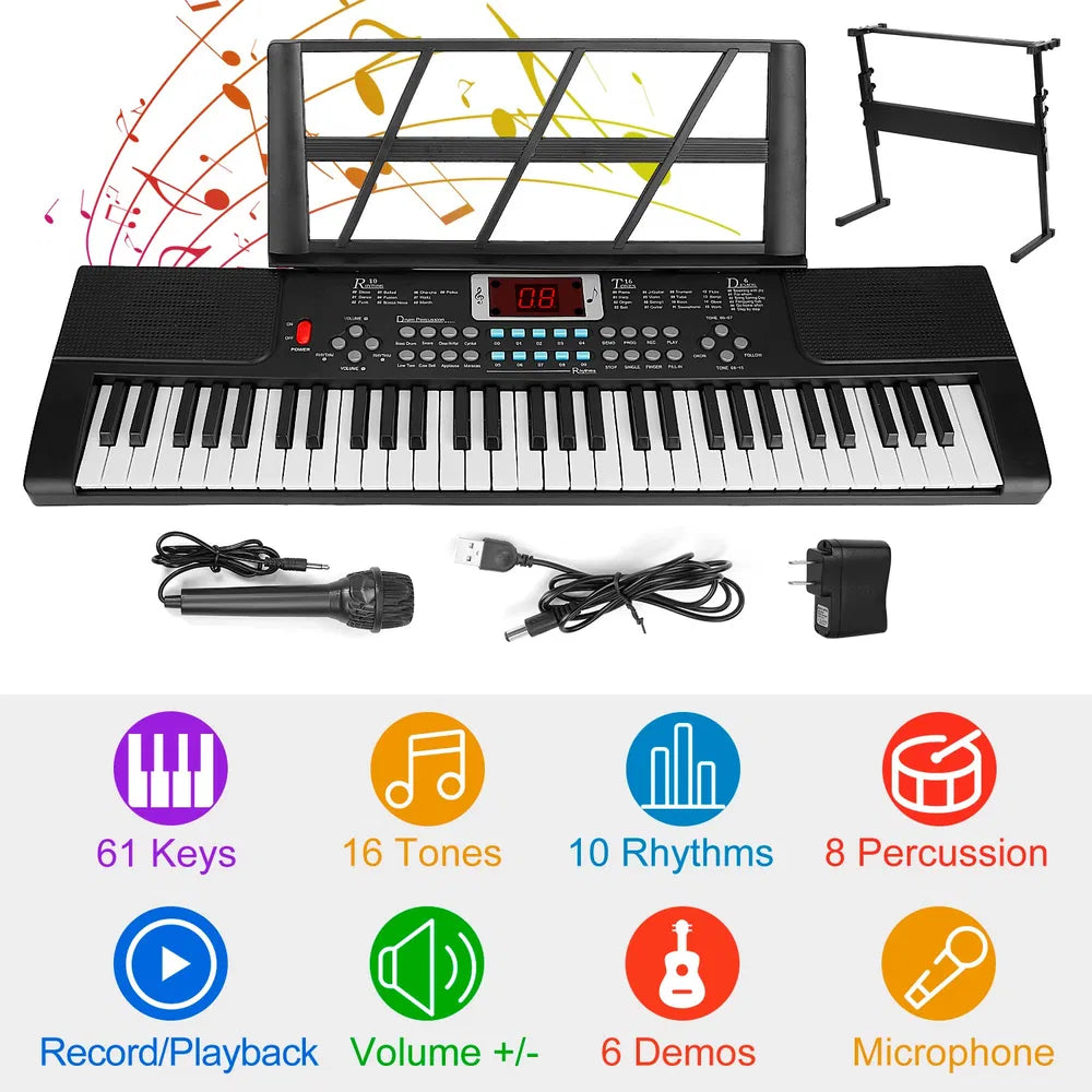 61 Keys Digital Music Electronic Keyboard Electric Musical Piano Instrument Kids Learning Keyboard W/ Stand Microphone