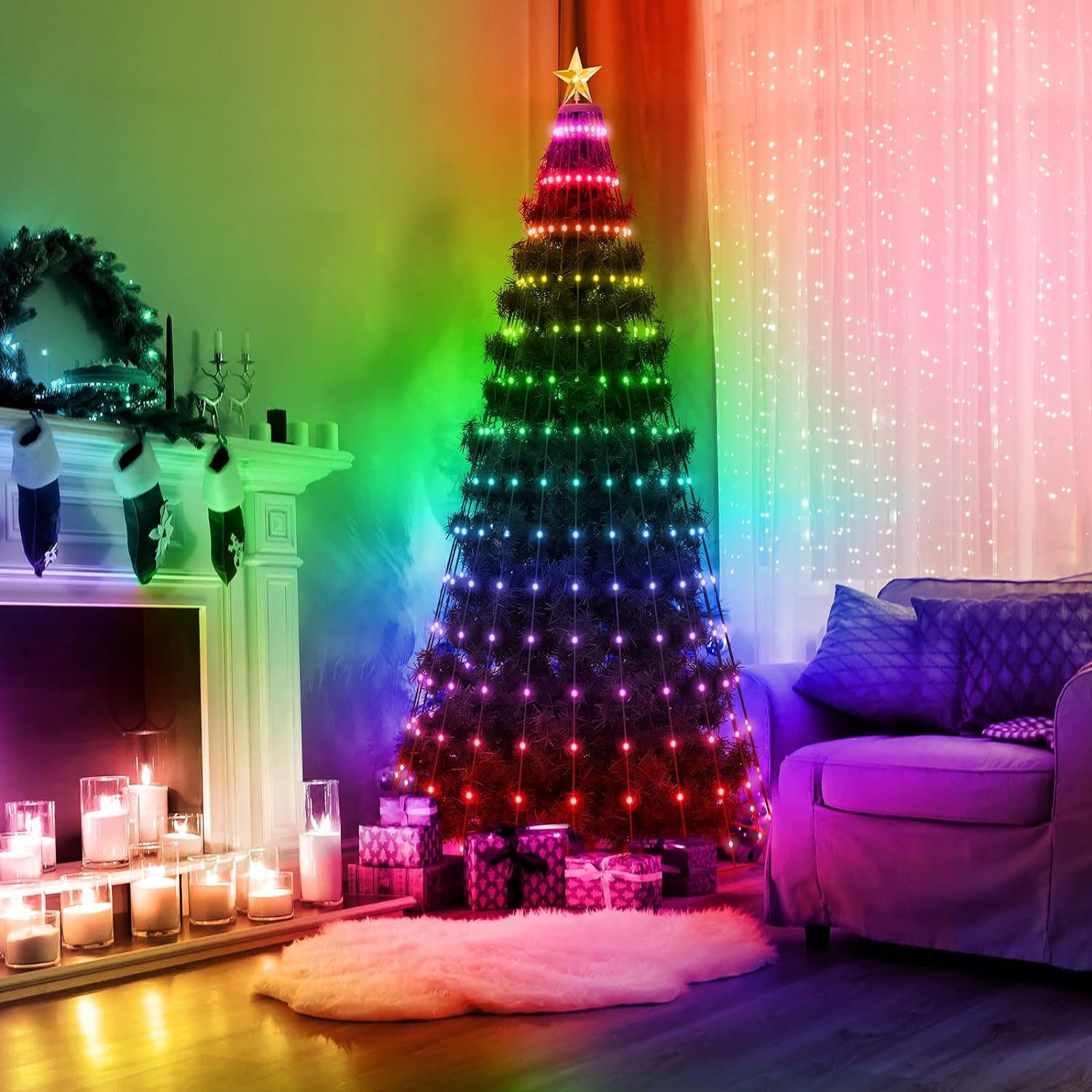 4.9FT S-5.9FT L Options -- 1Pc Collapsible Christmas Tree Light With Remote App Control IP65 Waterproof Customized Multi-Color Mode Timer Setting Work With Alexa Google