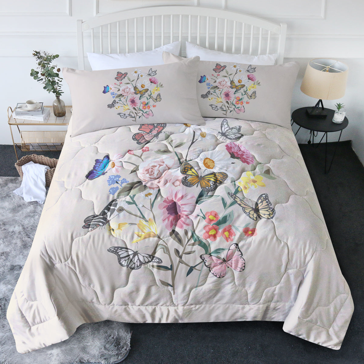 Butterfly Flower Comforter Light Pink Bedding Sets Twin For Girls Women, 1 Soft Comforter And 2 Pillowcases Suit For All Season Use
