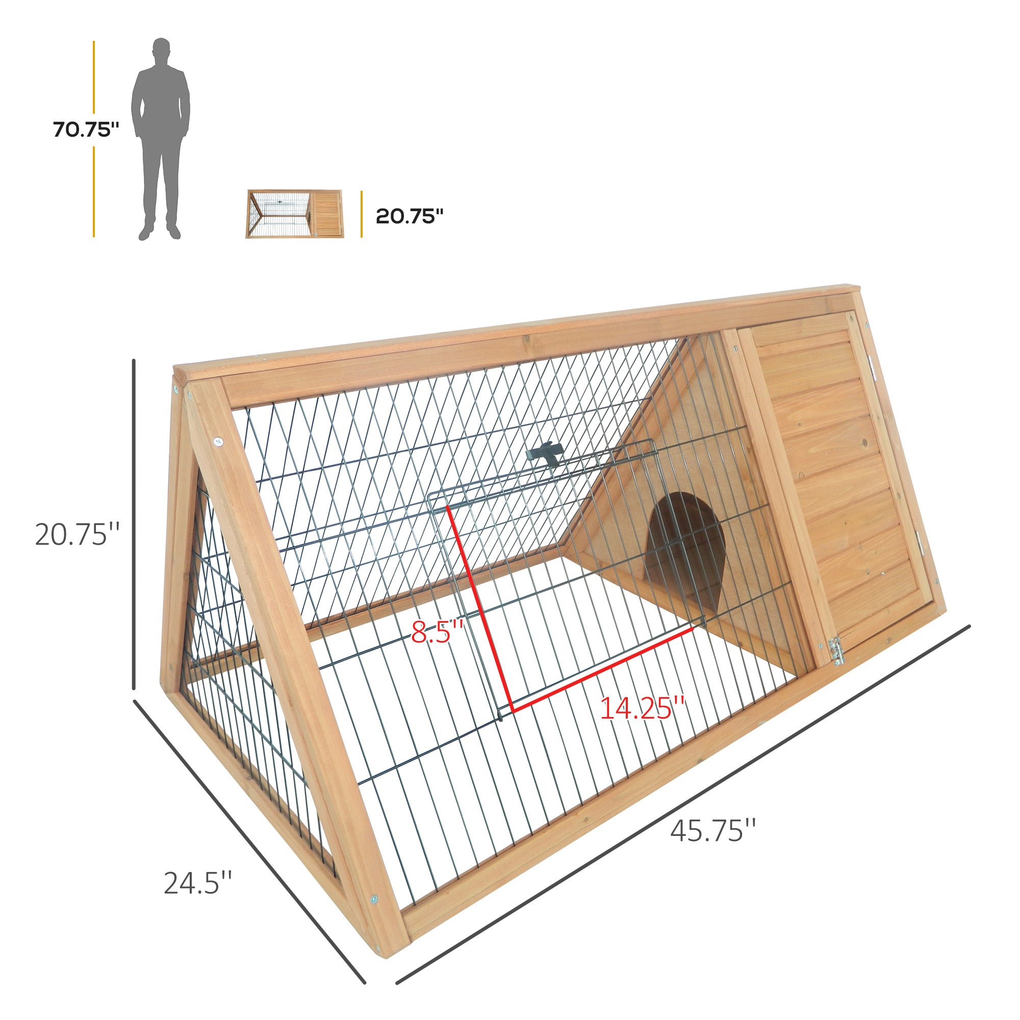 46" x 24" Wooden A-Frame Outdoor Rabbit Hutch, Small Animal Cage, Bunny Hutch with Outside Run & Ventilating Wire, for Rabbits, Chickens, Ducks, Yellow