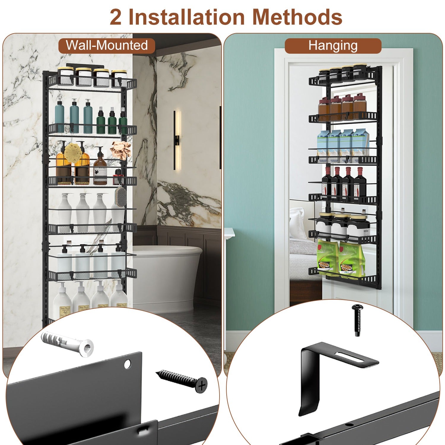 Black-White Options -- 1Pc Over The Door Pantry Organizer 6-Tier Pantry Door Organizer Carbon Steel 110LBS Loading Easy Install Behind Door Storage For Closet Kitchen Bathroom 50.19H 17.12W 5.51in D