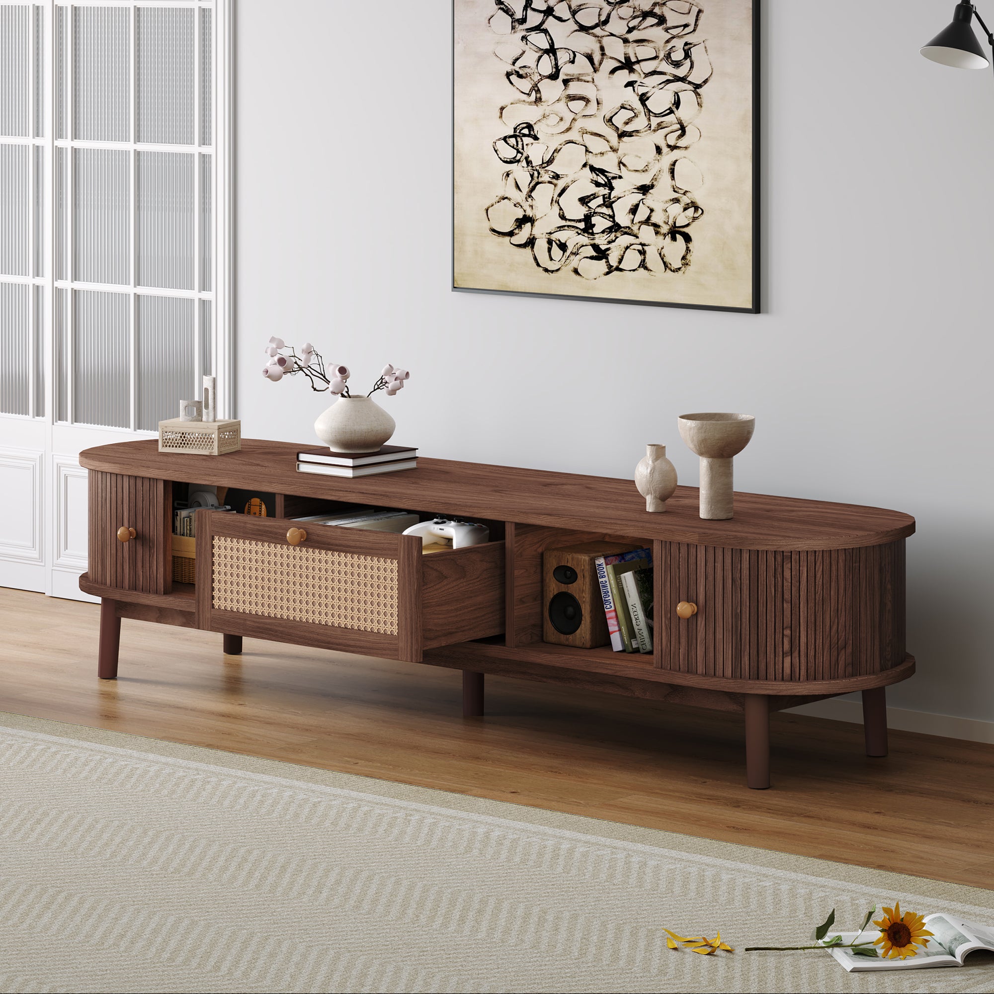 Modern Design TV Stand For 75 TVs, Media Console TV Cabinet With Rattan-Front Drawer For Living Room, 1 Drawer And 2 Sliding-Door Cabinets