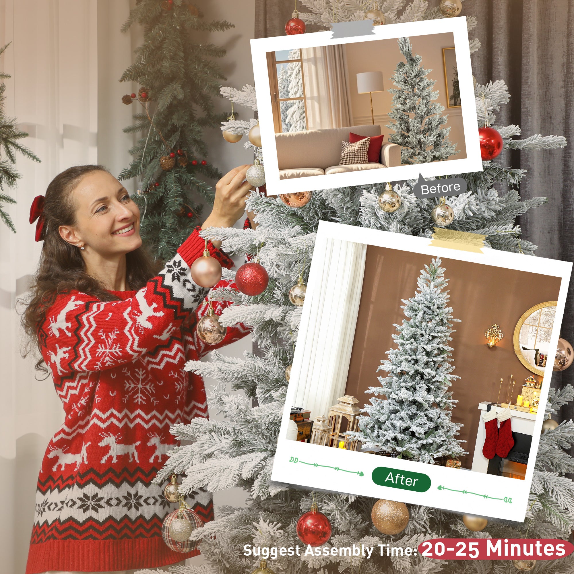 7.5 ft Artificial Frosted Christmas Tree with Realistic Branches, Wide Full Spruce, Hinged Xmas Tree, Easy Assembly
