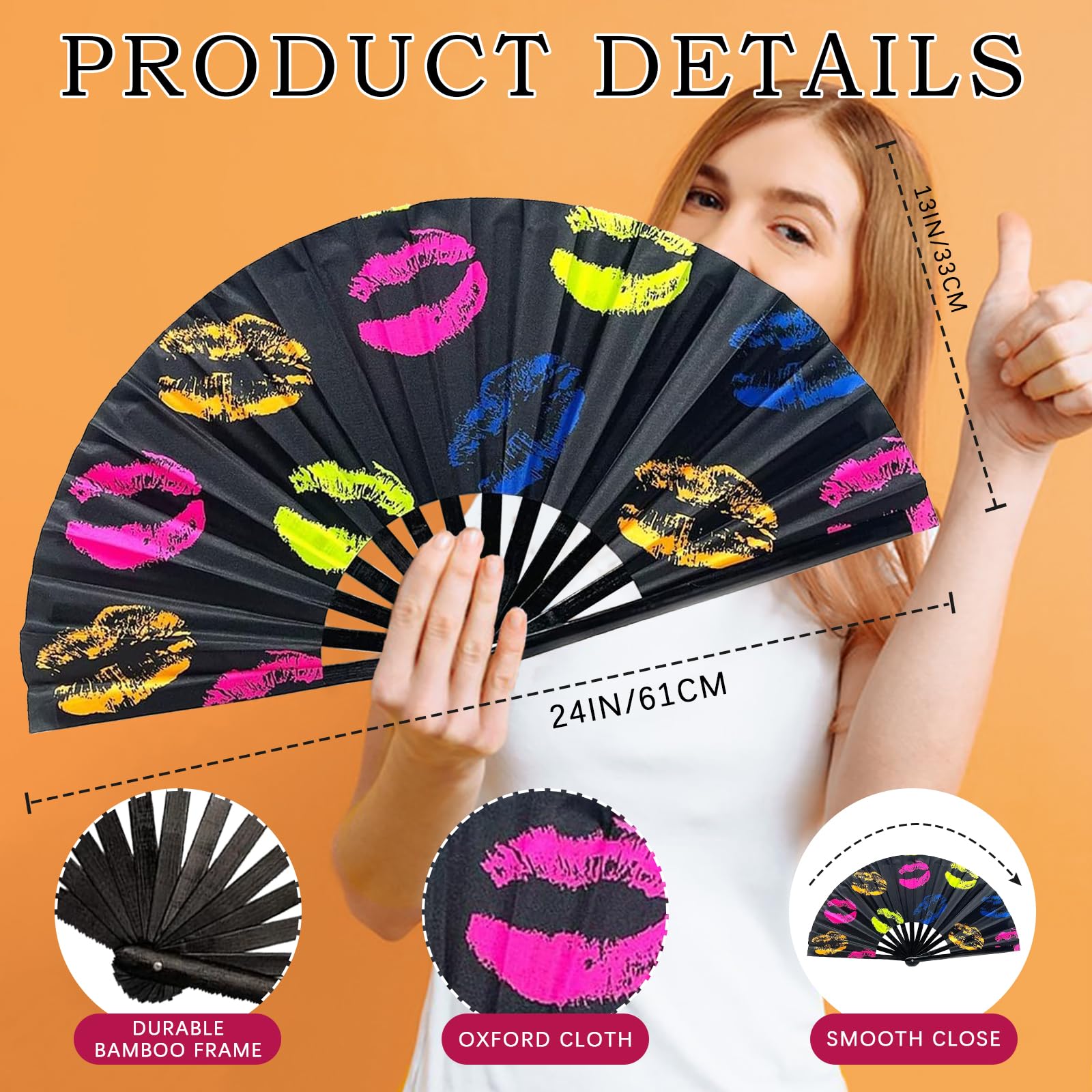 Folding Fan UV Glow Rave Bamboo Hand Fan Carnival Decoration Dancing Party Wedding Night Club Concert Lip Kung Fu Large Lips