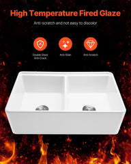33x20 In Farmhouse Sink Undermount Kitchen Double Bowl Basin Fireclay White
