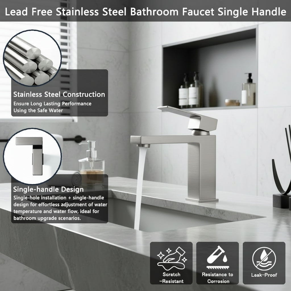 Single Handle Bathroom Faucet, Stainless Steel Single Hole Lavatory Faucet, Modern Sink Faucet, Brushed Nickel
