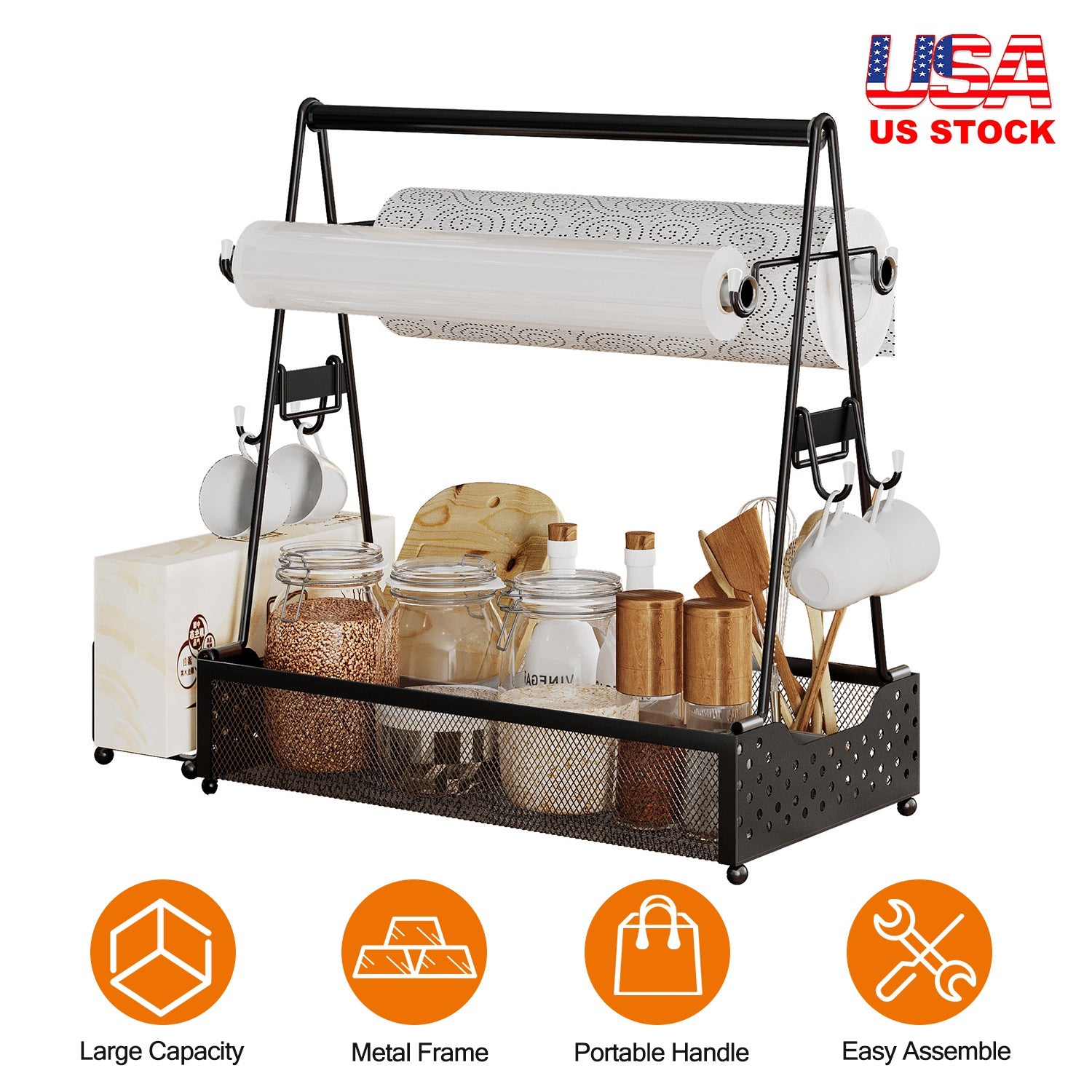 Utensil Caddy Metal Grill Caddy With Paper Towel Holders Utensil Holder For Outdoor Picnic Barbecue Camping Grilling Tools Storage Organizer Barbecue Accessories