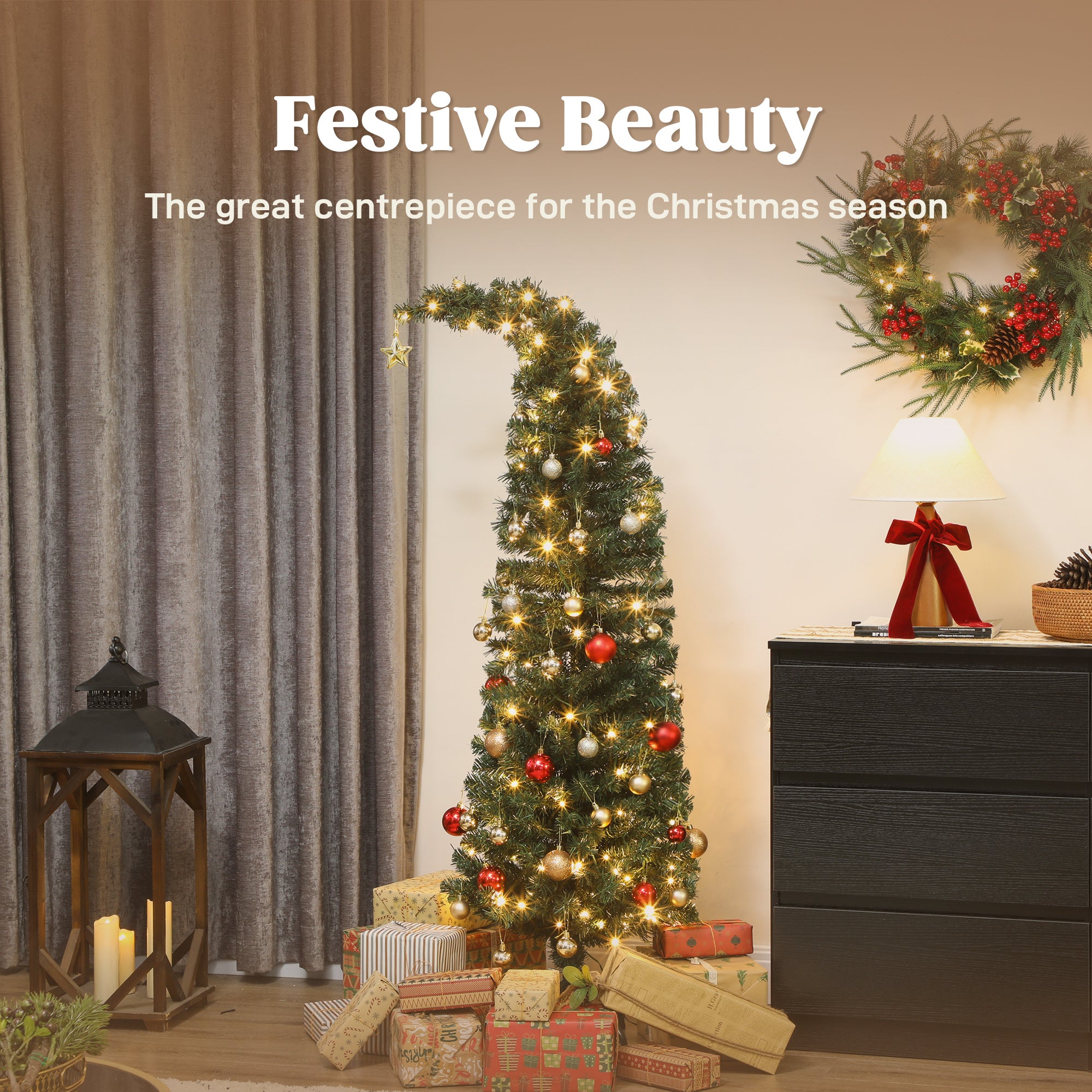 5 ft Prelit Christmas Tree, Whimsical Xmas Tree Slim High Mountain Fir with 100 LEDs and Metal Stand, Green