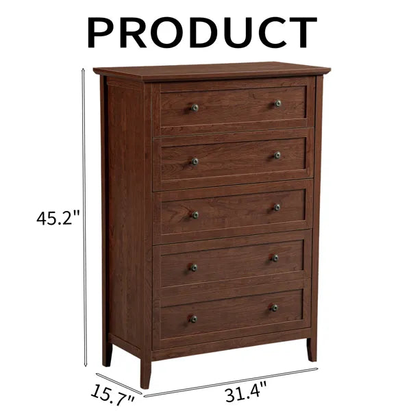 Brown (1061 Solid Cherry Wood) P2 Particleboard + MDF Melamine 80*40*115cm Framed, Double Handles, Five Drawers Cabinet