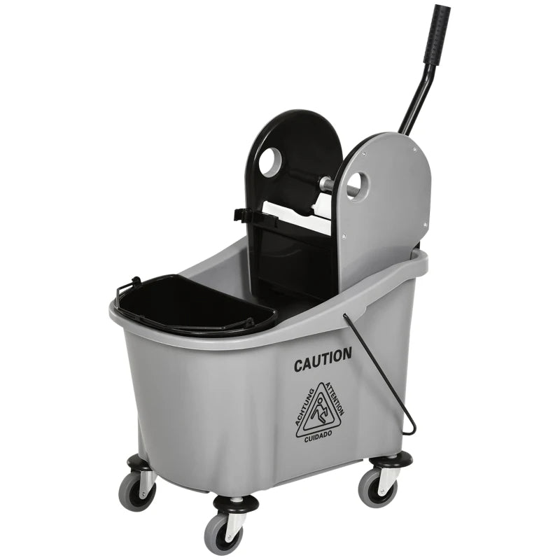 9.5 Gallon 38 Quart Mop Bucket With Wringer Cleaning Cart, 4 Moving Wheels, 2 Separate Buckets, & Mop-Handle Holder, Grey