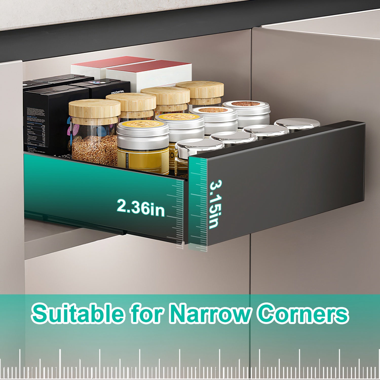 1Pc Pull Out Cabinet Organizer Carbon Steel Slide Out Drawer Storage Smooth Quiet Slide Rails For Kitchen Bathroom Living Room Black 11.81x16.92x2.75inch