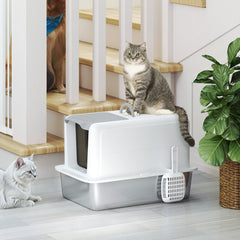 2 in 1 Stainless Steel Cat Litter Box with Removable Lid, Scoop, Filter Bags, for Small to Large Cats, White