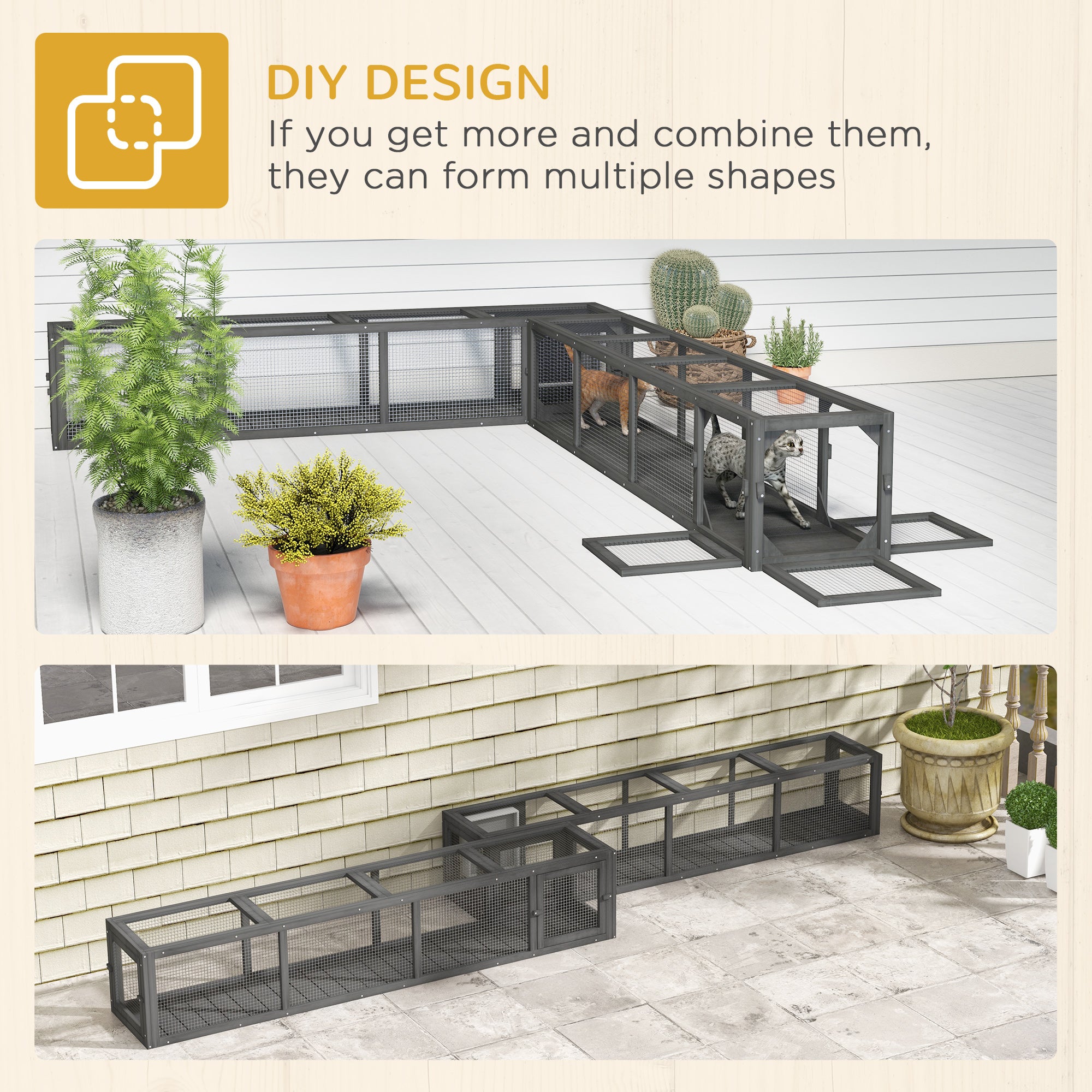 Wooden Cat Run with Weather Protection, Connecting Inside and Outside, 79"L x 15"W x 15"H, Dark Gray