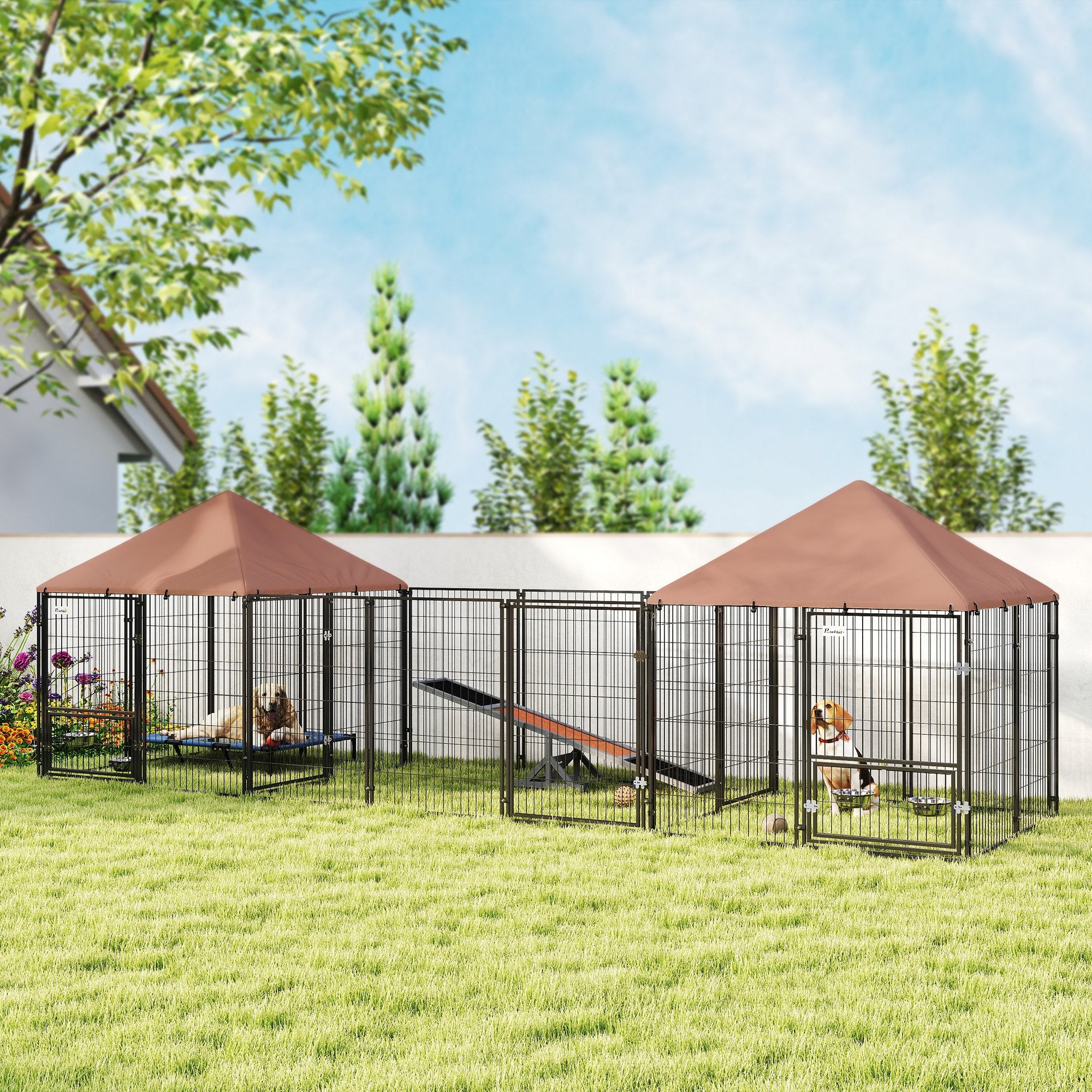 Large Outdoor Dog Kennel With 2 Rooms, Rotating & Adjustable Height Bowls, Waterproof & UV-Resistant Canopy