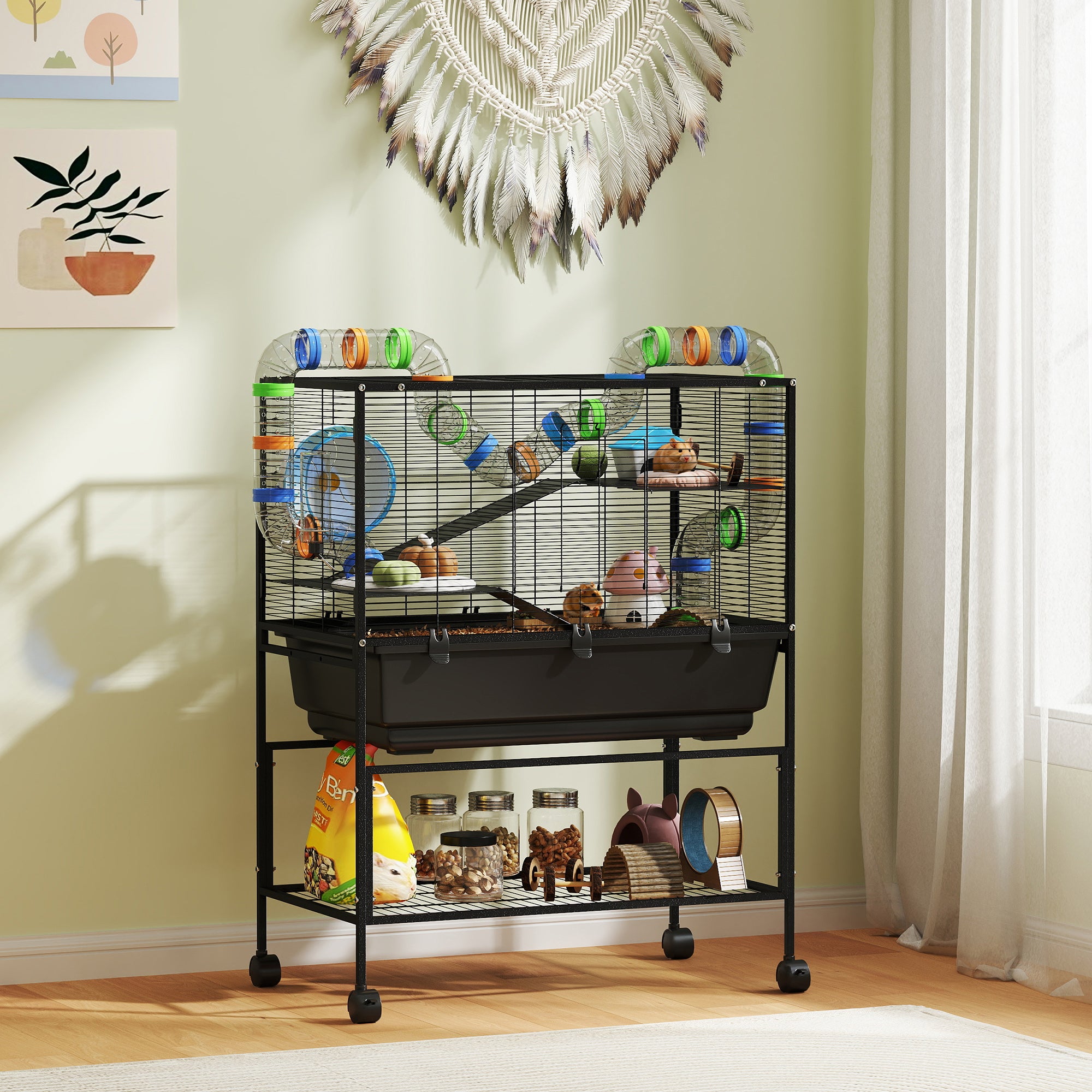 3 Tier Hamster Cage, Rolling Rat Cage With Deep Tray, Storage Shelf, Big Exercise Wheel, Hut, Tube System