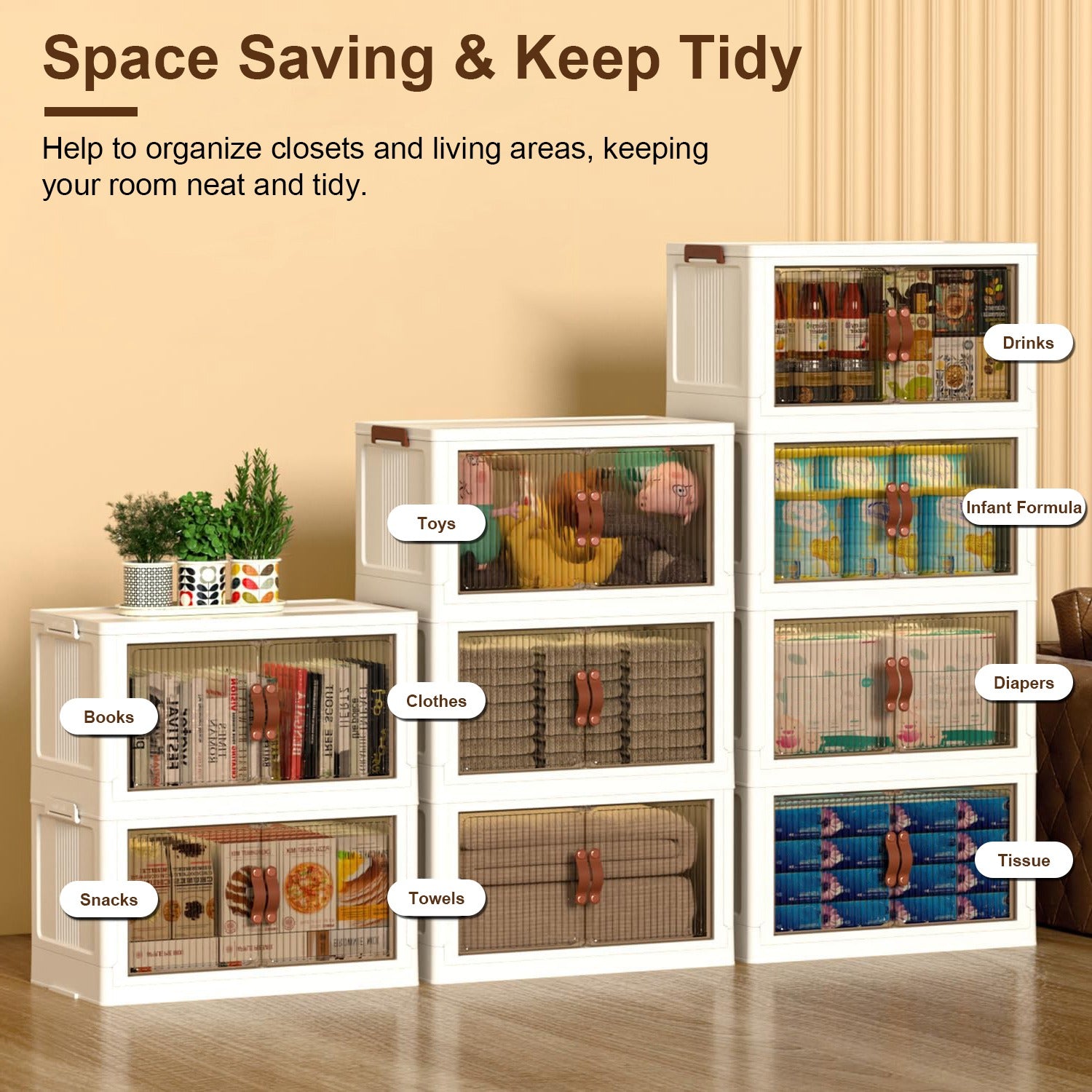 3Pcs Foldable Storage Bins With Lid Wheels Front Magnetic Door Fedex Shipping