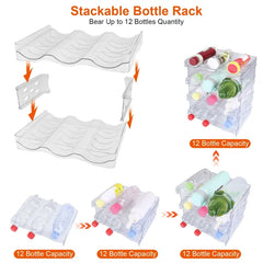 4 Tier Bottle Storage Holder 12 Bottles Transparent Stackable Bottle Organizer Standing Drink Holder Shelf For Kitchen Fridge Cabinet Pantry