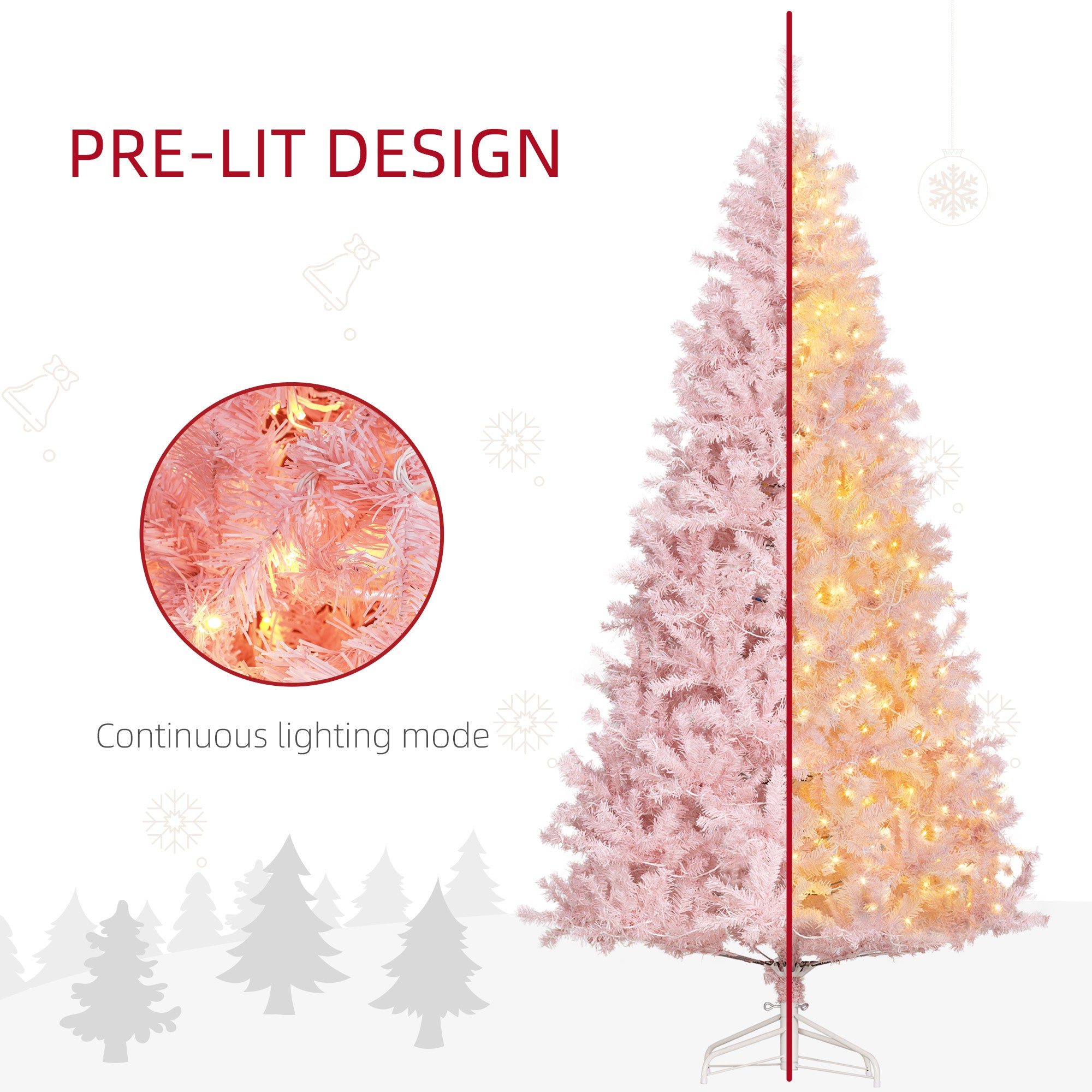 HOMCOM 7.5' Tall Prelit Christmas Tree Douglas Fir Artificial Christmas Tree With Realistic Branches, 500 Warm White LED Lights And 1346 Tips, Pink