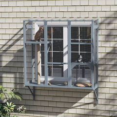 Catio Outdoor, Window Catio for 2-3 Large Indoor Cats w/ 2 Jumping Platforms, Scratching Post, for Playing, Napping